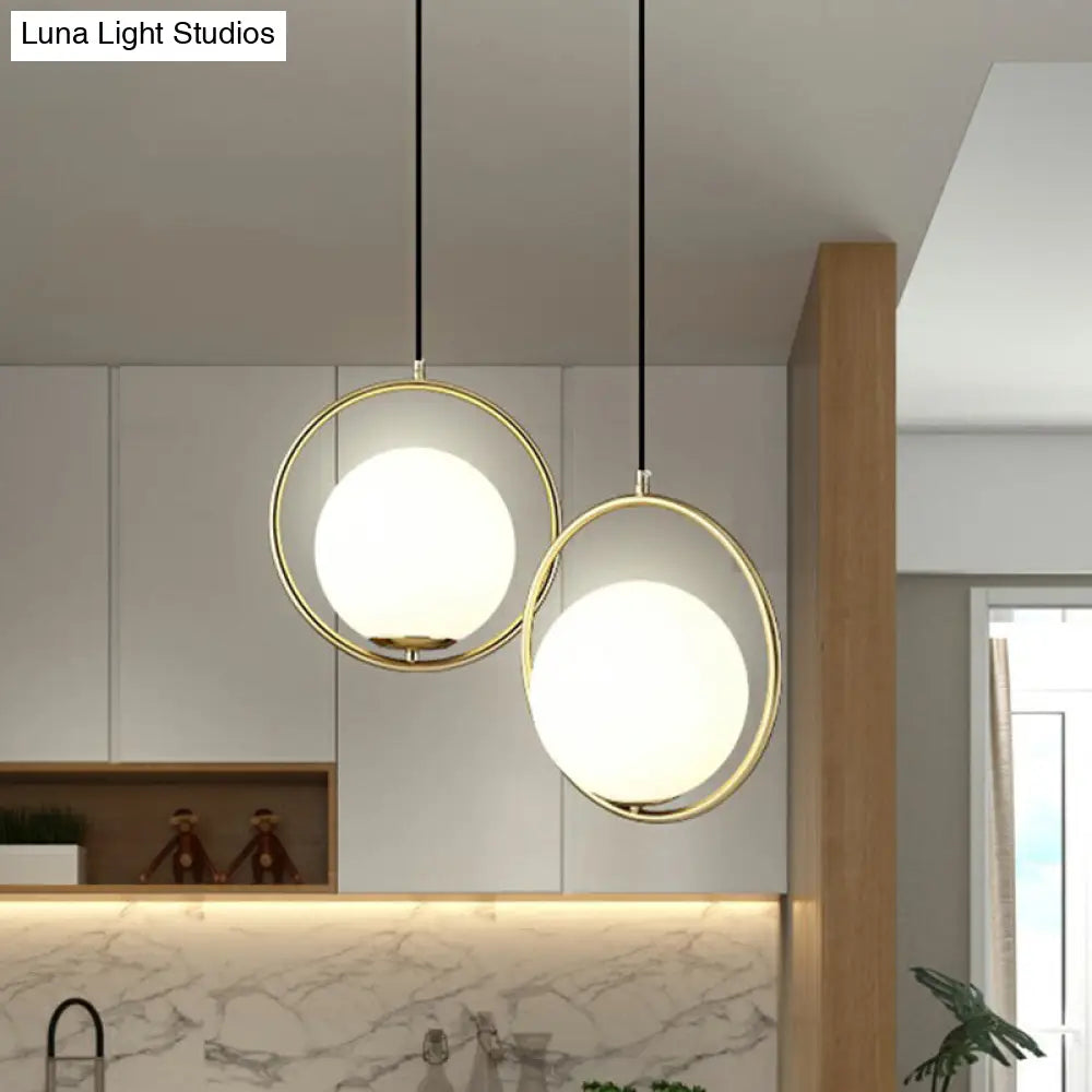 Modern Milky Glass Pendant Light With Brass Loop - Globe Dining Room Suspension Lamp 1 Bulb White