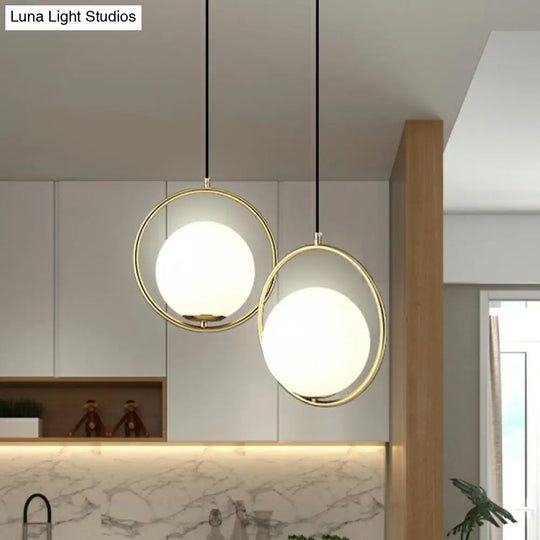 Modern Milky Glass Pendant Light With Brass Loop - Globe Dining Room Suspension Lamp 1 Bulb White