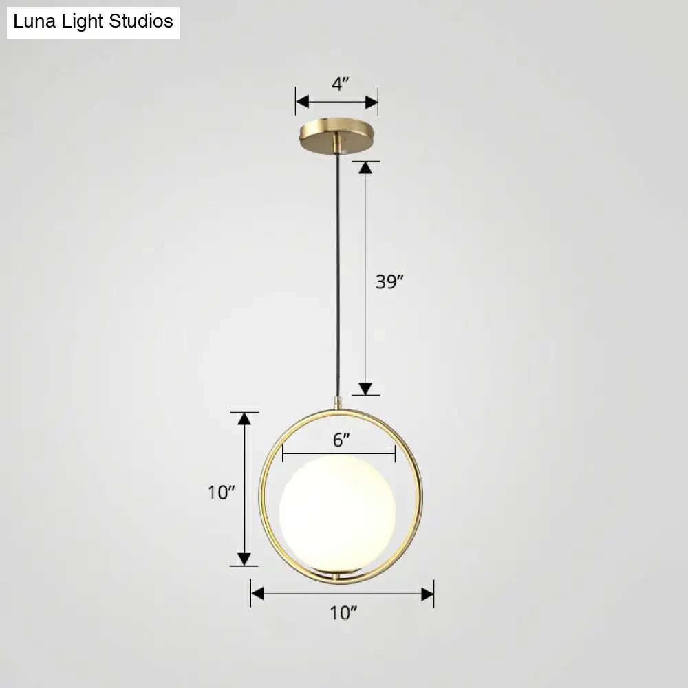 Modern Milky Glass Pendant Light With Brass Loop - Globe Dining Room Suspension Lamp 1 Bulb