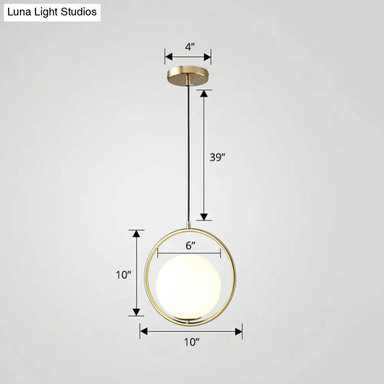 Modern Milky Glass Pendant Light With Brass Loop - Globe Dining Room Suspension Lamp 1 Bulb