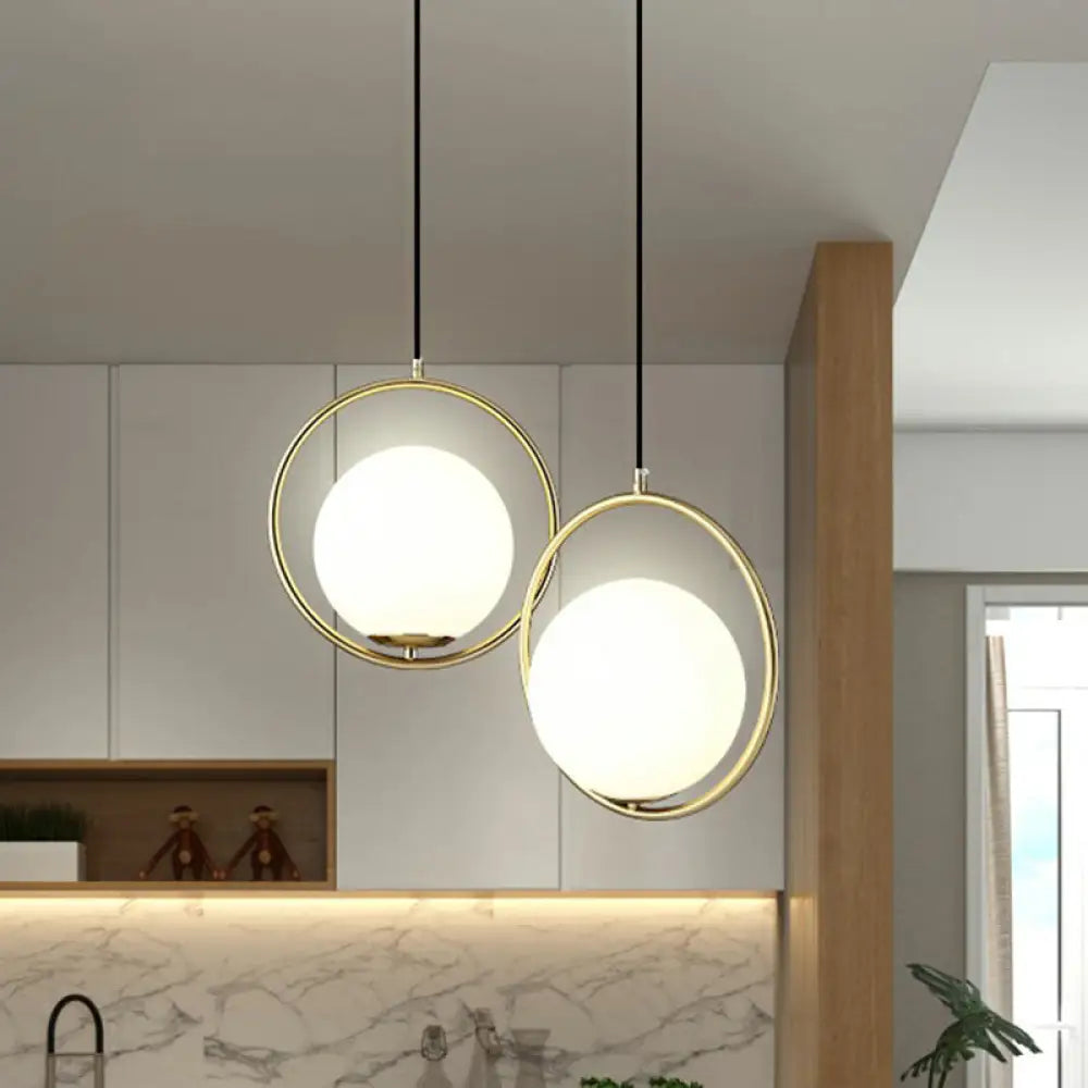 Globe Milky Glass 1-Bulb Pendant Light With Brass Loop – Modern Dining Room Suspension Lamp White