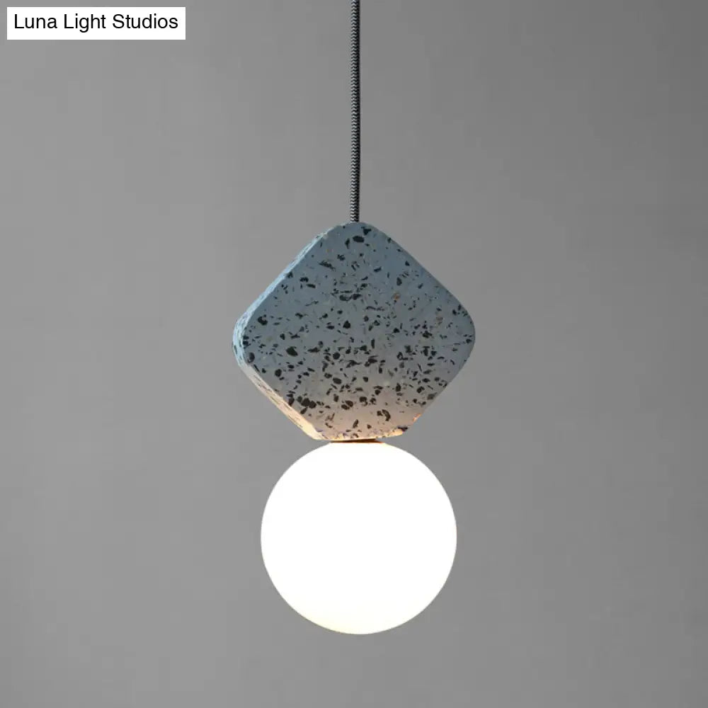 Minimalist Opal Glass Globe Pendant Light With Terrazzo Accent For Dining Room Ceiling Blue