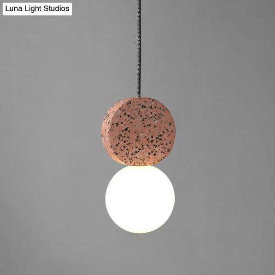 Minimalist Opal Glass Globe Pendant Light With Terrazzo Accent For Dining Room Ceiling Red