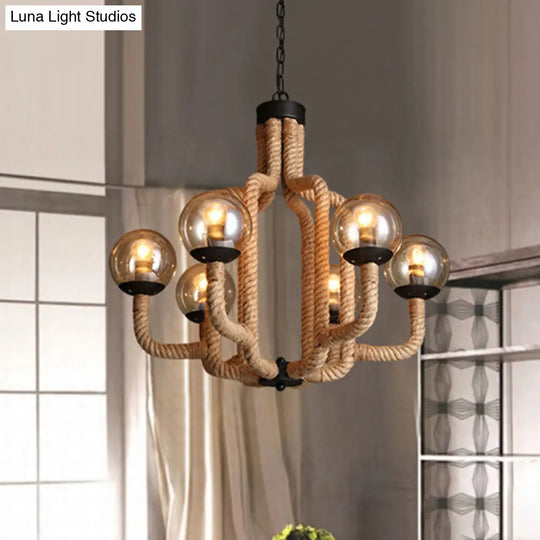 Industrial Rope Pendant Chandelier - 6-Light Globe Fixture With Beige Hanging Design And Glass Shade