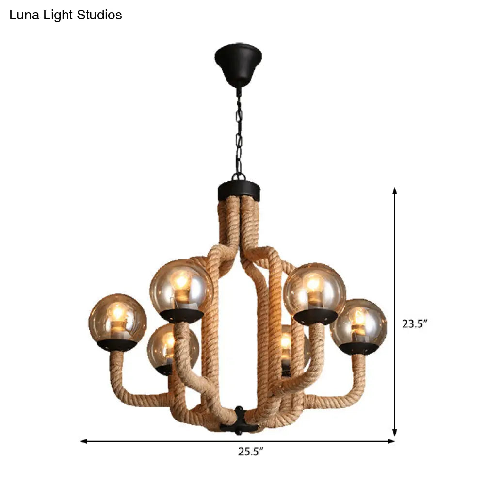 Industrial Rope Pendant Chandelier - 6-Light Globe Fixture With Beige Hanging Design And Glass Shade