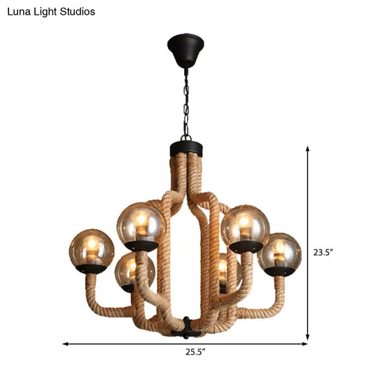 Industrial Rope Pendant Chandelier - 6-Light Globe Fixture With Beige Hanging Design And Glass Shade