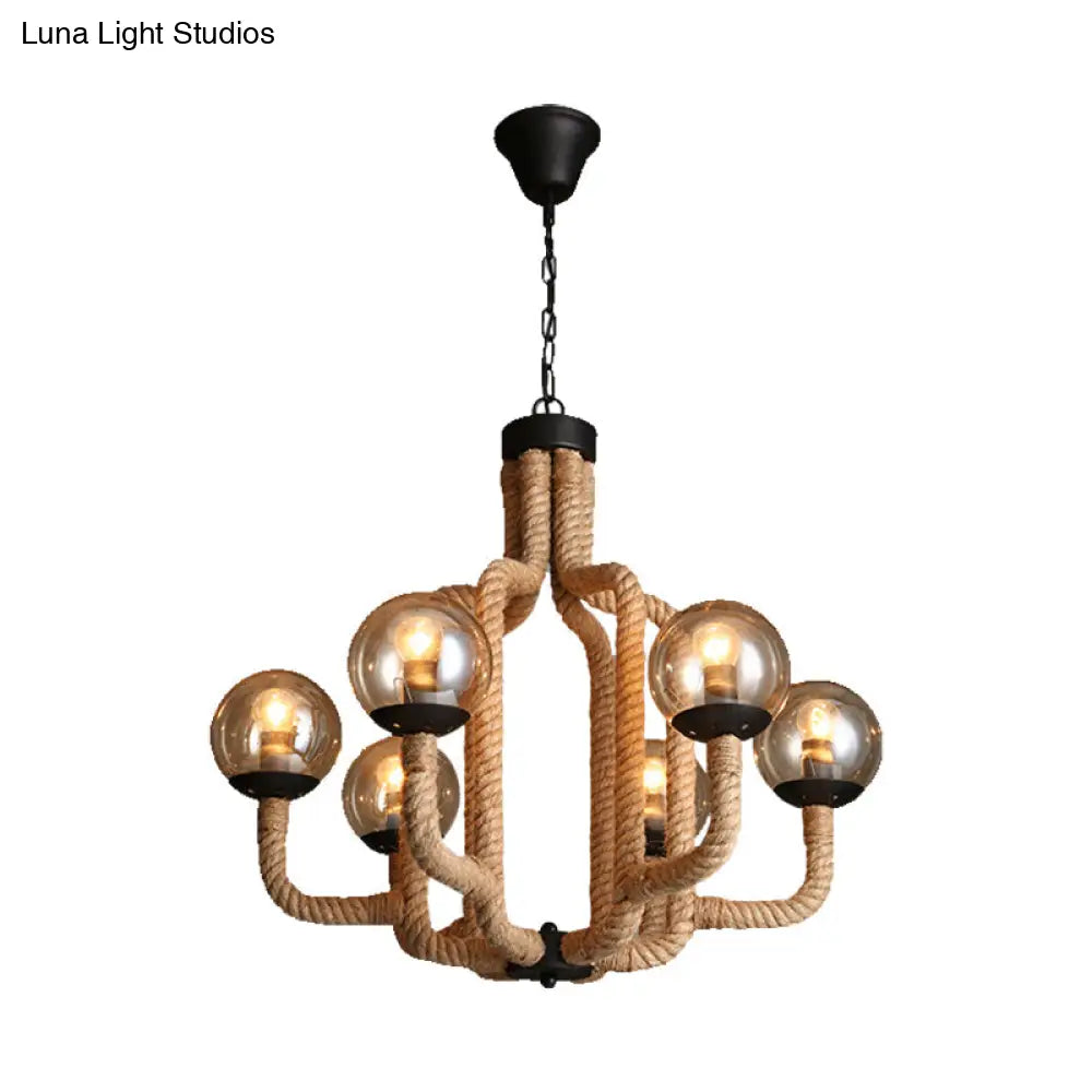 Globe Pendant Chandelier Industrial Rope - 6 Lights Beige Glass Shade Living Room Hanging Fixture