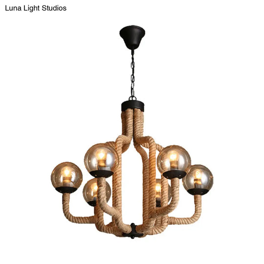 Globe Pendant Chandelier Industrial Rope - 6 Lights Beige Glass Shade Living Room Hanging Fixture