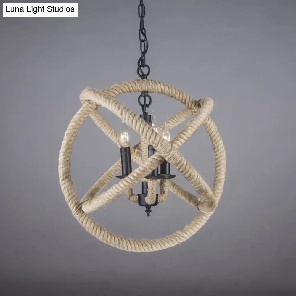 White Orbit Globe Pendant Chandelier With Hemp Rope - Farmhouse Style Ceiling Light For Dining Room