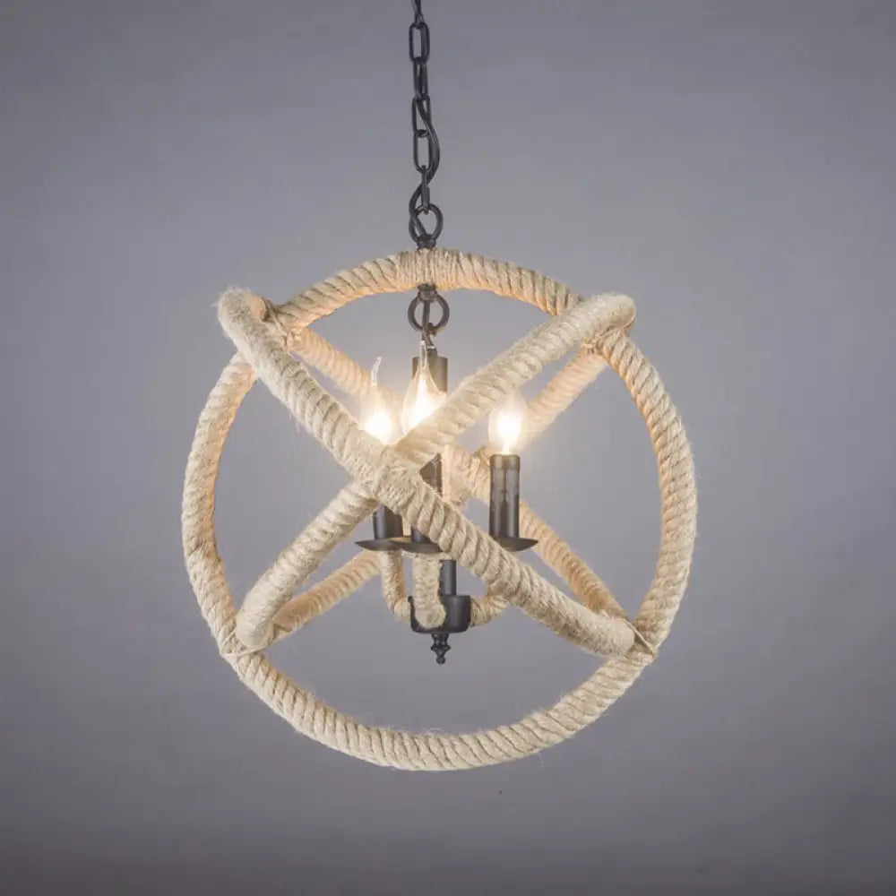 Globe Pendant Chandelier With Hemp Rope Accent - White Orbit Design 3-Bulb Ceiling Light For