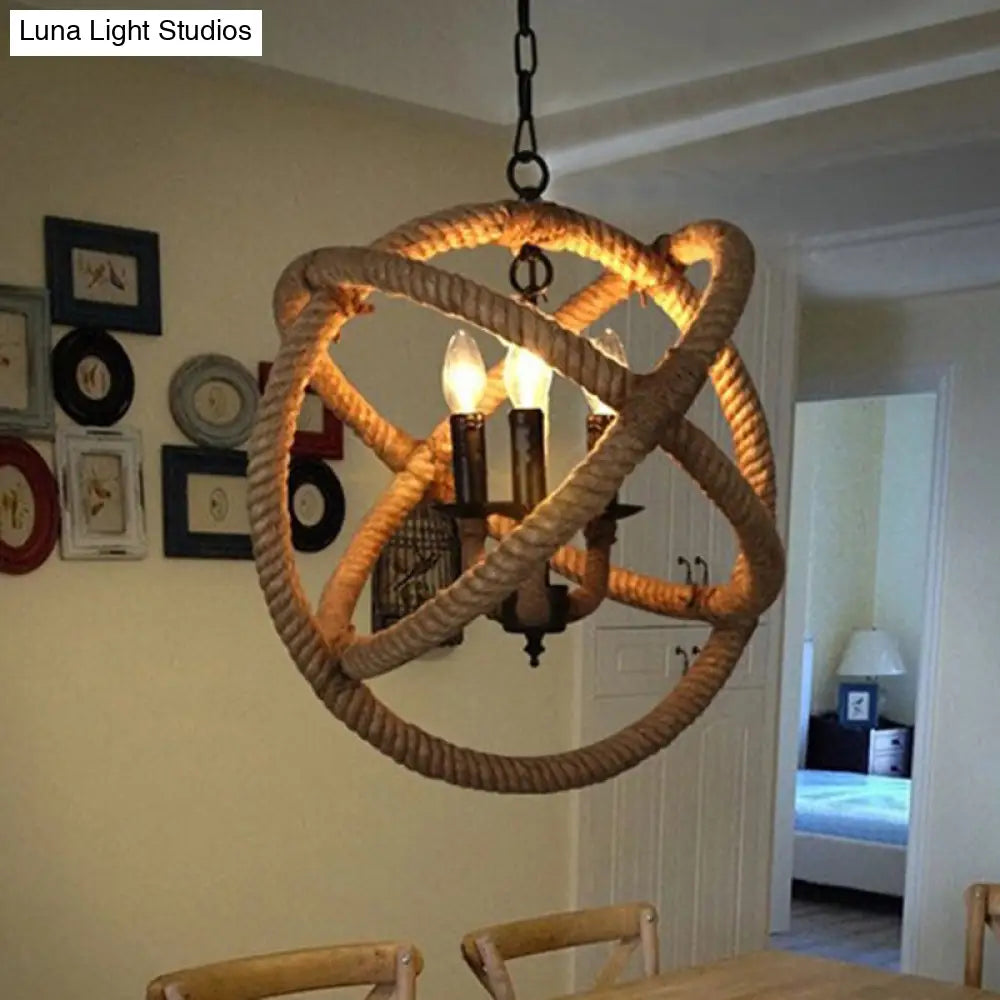 Globe Pendant Chandelier With Hemp Rope Accent - White Orbit Design 3-Bulb Ceiling Light For