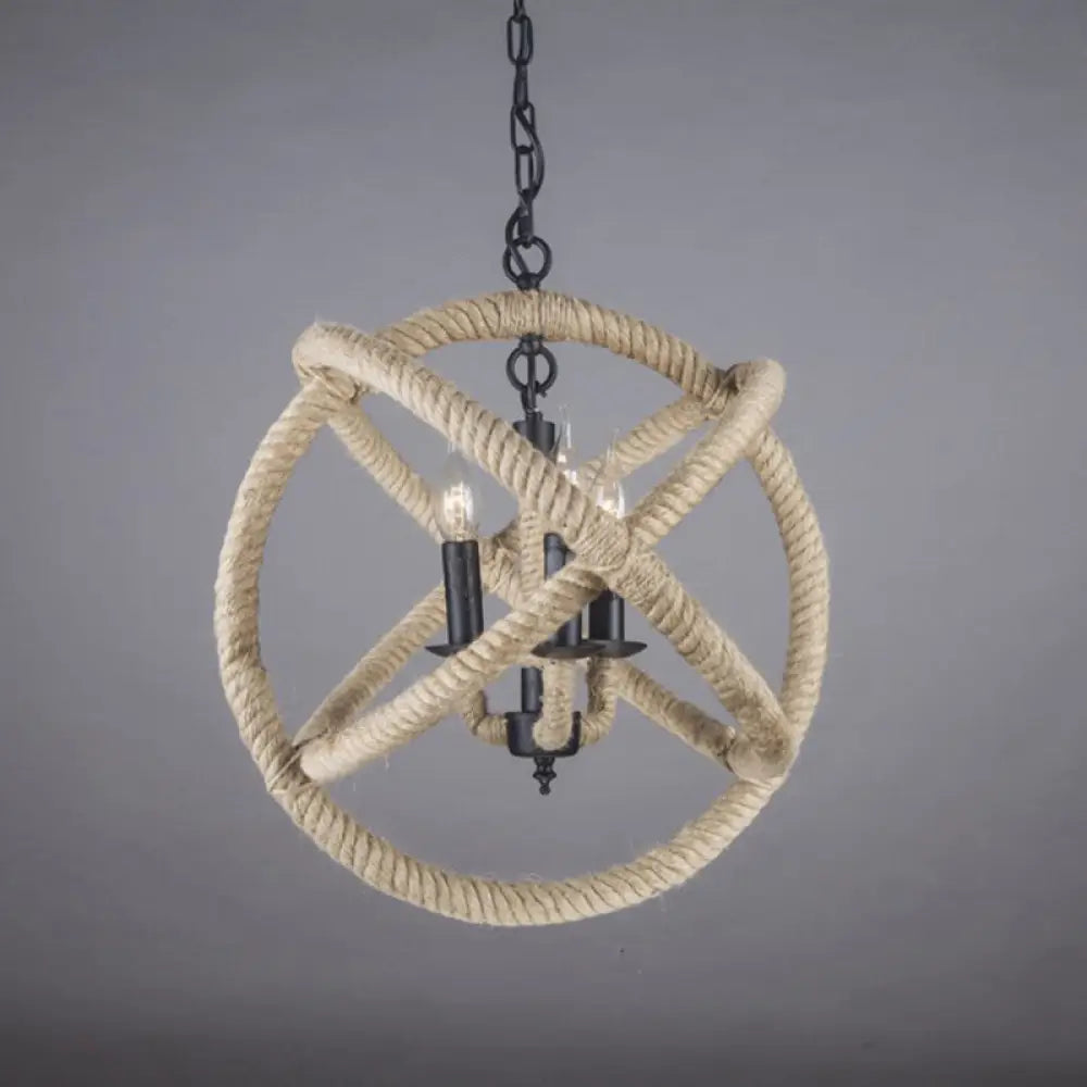 Globe Pendant Chandelier With Hemp Rope Accent - White Orbit Design 3-Bulb Ceiling Light For