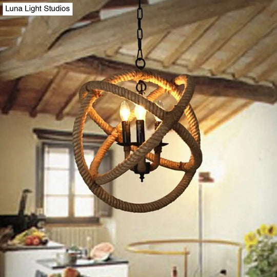 White Orbit Globe Pendant Chandelier With Hemp Rope - Farmhouse Style Ceiling Light For Dining Room