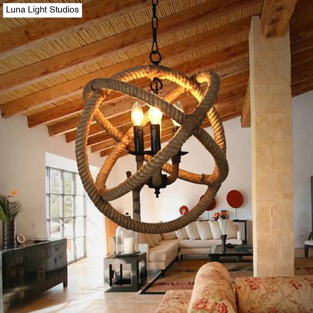 White Orbit Globe Pendant Chandelier With Hemp Rope - Farmhouse Style Ceiling Light For Dining Room