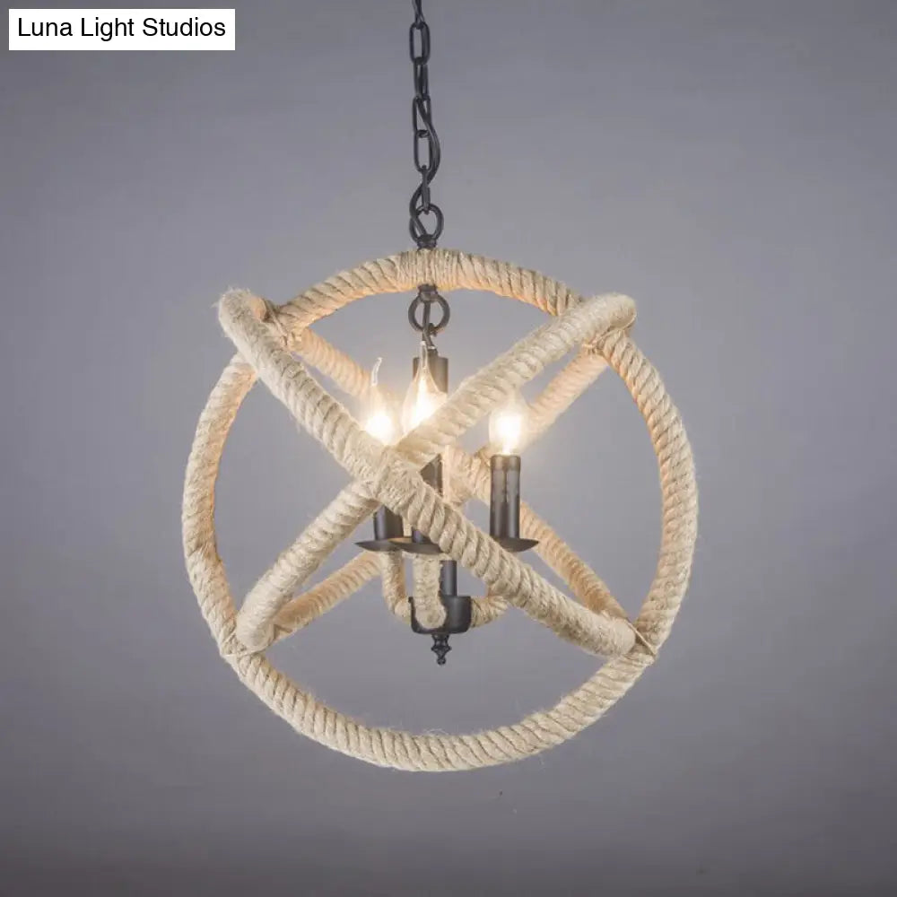 White Orbit Globe Pendant Chandelier With Hemp Rope - Farmhouse Style Ceiling Light For Dining Room