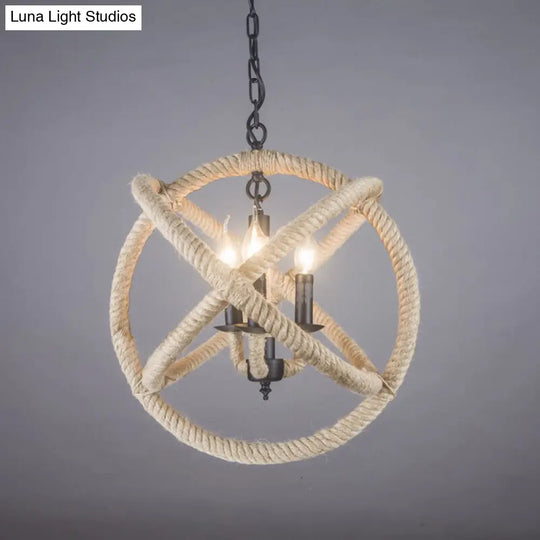 White Orbit Globe Pendant Chandelier With Hemp Rope - Farmhouse Style Ceiling Light For Dining Room