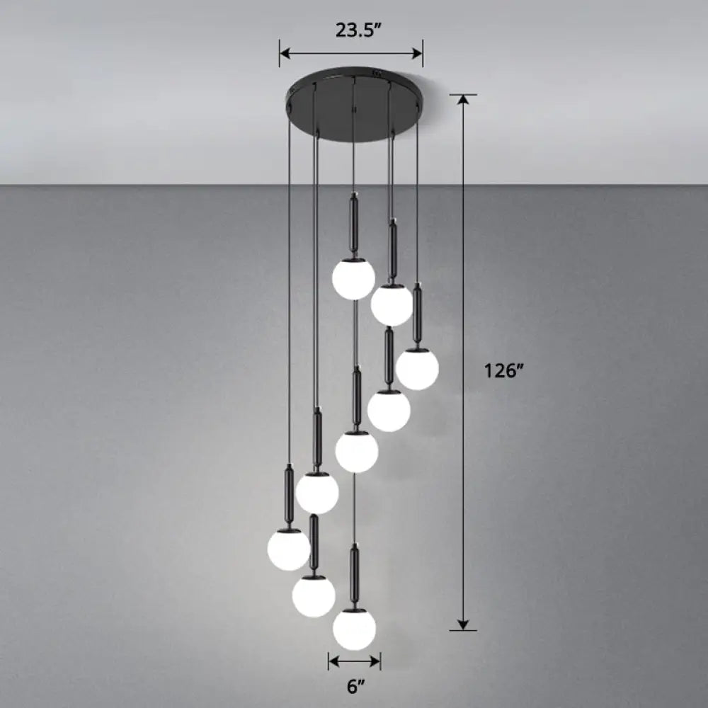 Globe Stairs Multi Lamp Ceiling Light - Cream Glass Modern Pendant Fixture 12 / Black