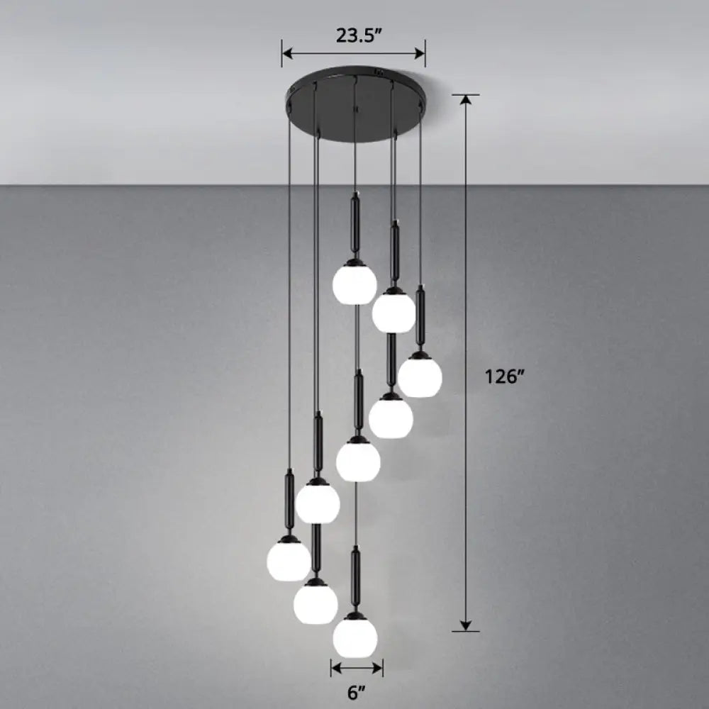 Globe Stairs Multi Lamp Ceiling Light - Cream Glass Modern Pendant Fixture 12 / Black Dome