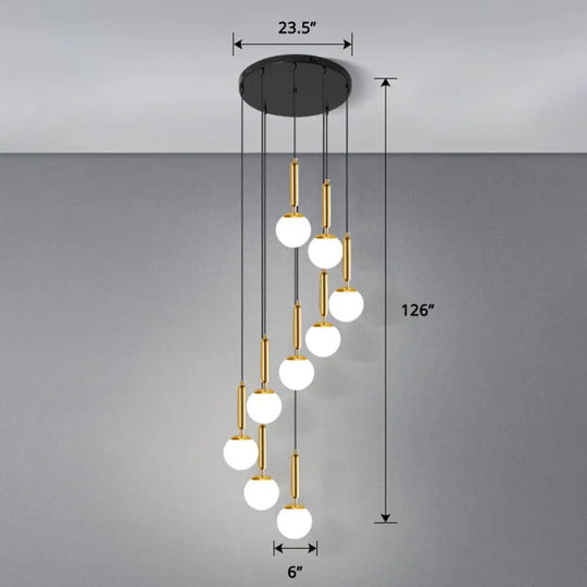 Globe Stairs Multi Lamp Ceiling Light - Cream Glass Modern Pendant Fixture 12 / Gold