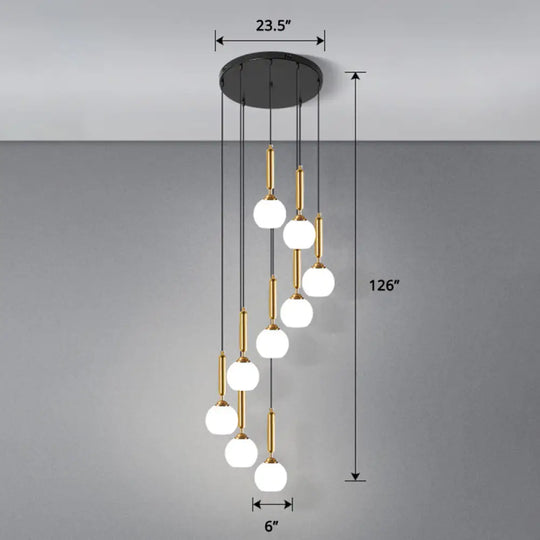 Globe Stairs Multi Lamp Ceiling Light - Cream Glass Modern Pendant Fixture 12 / Gold Dome