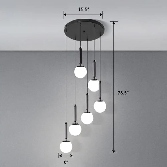 Globe Stairs Multi Lamp Ceiling Light - Cream Glass Modern Pendant Fixture 6 / Black