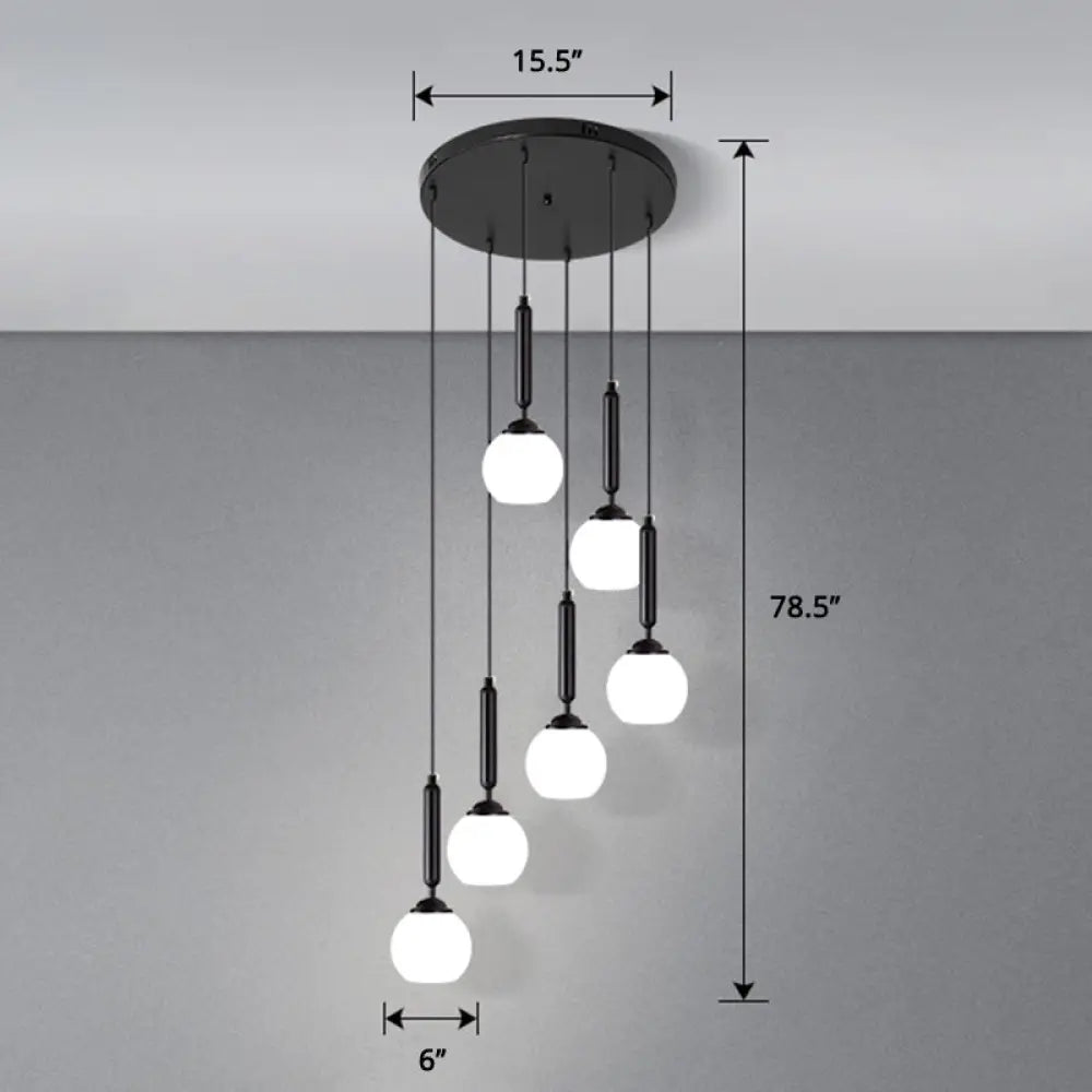 Globe Stairs Multi Lamp Ceiling Light - Cream Glass Modern Pendant Fixture 6 / Black Dome