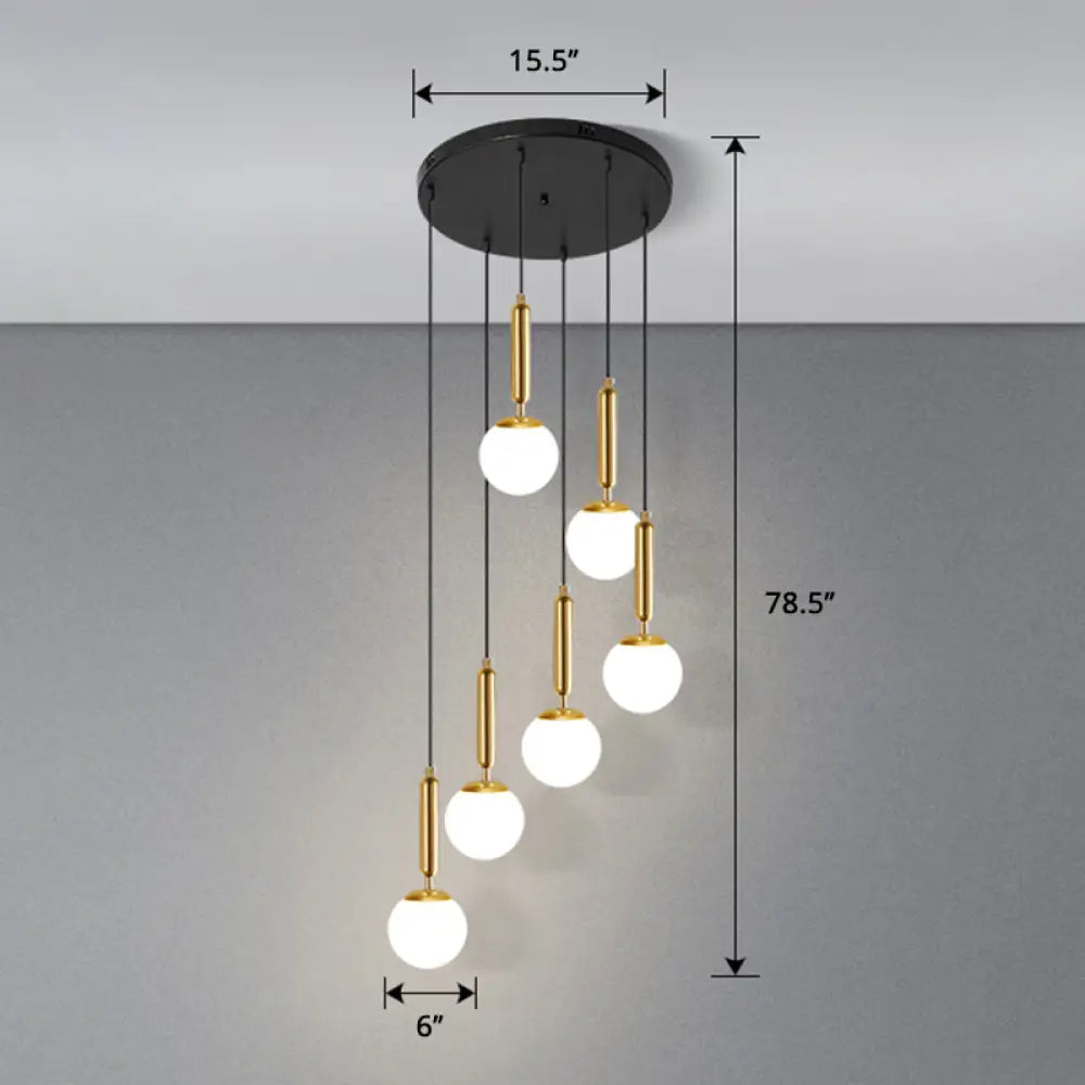 Globe Stairs Multi Lamp Ceiling Light - Cream Glass Modern Pendant Fixture 6 / Gold