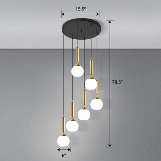 Globe Stairs Multi Lamp Ceiling Light - Cream Glass Modern Pendant Fixture 6 / Gold Dome