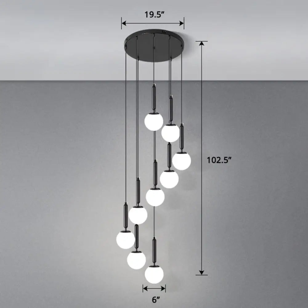 Globe Stairs Multi Lamp Ceiling Light - Cream Glass Modern Pendant Fixture 9 / Black