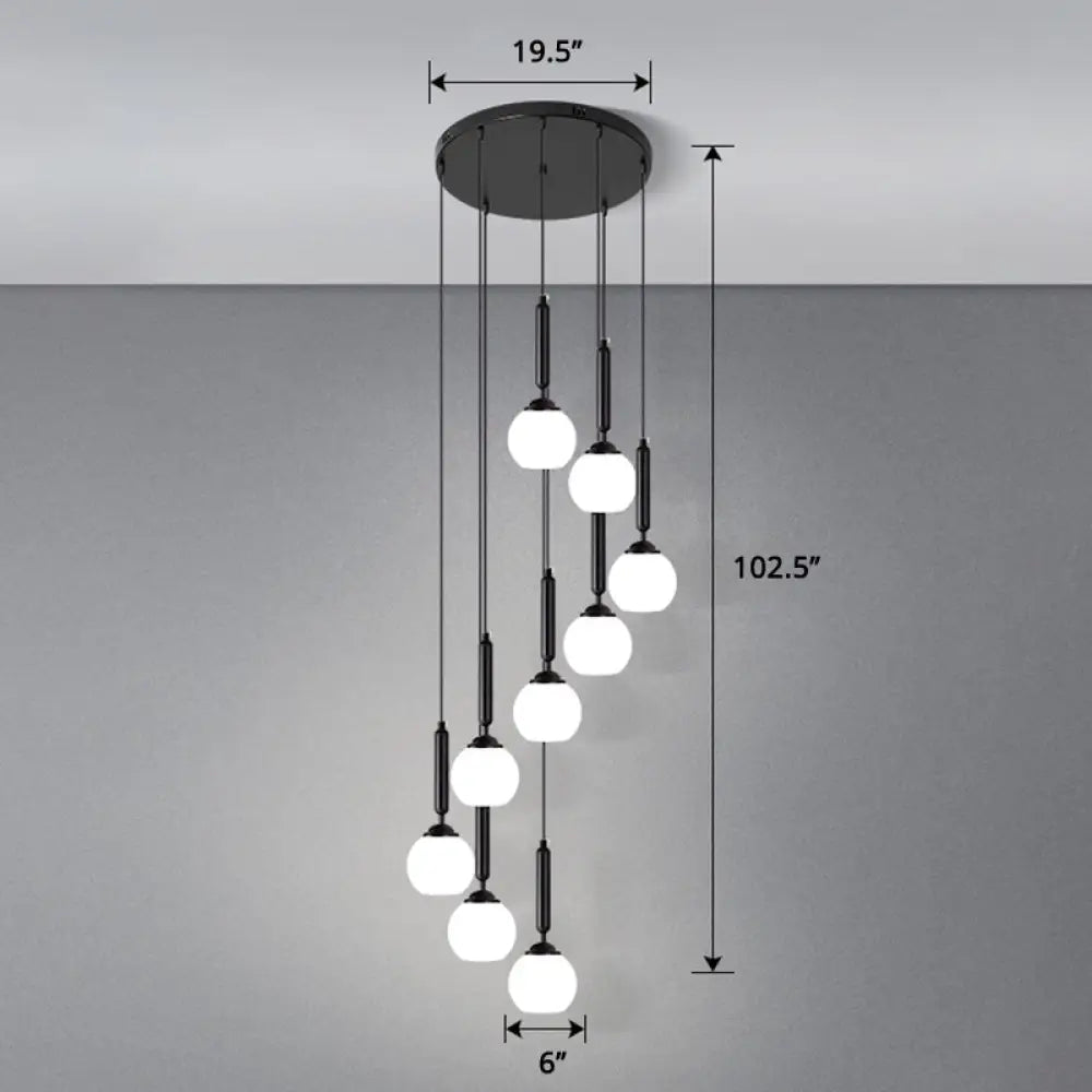 Globe Stairs Multi Lamp Ceiling Light - Cream Glass Modern Pendant Fixture 9 / Black Dome