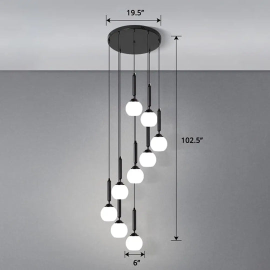 Globe Stairs Multi Lamp Ceiling Light - Cream Glass Modern Pendant Fixture 9 / Black Dome