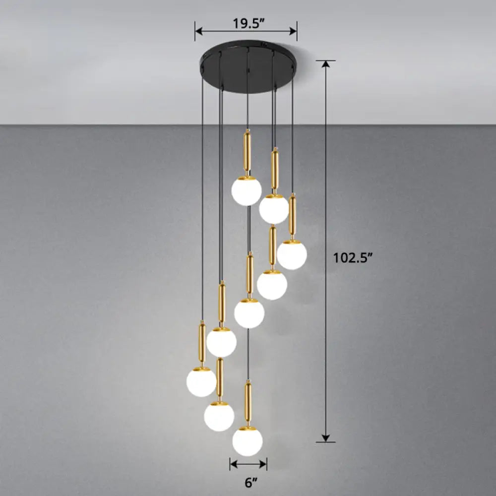 Globe Stairs Multi Lamp Ceiling Light - Cream Glass Modern Pendant Fixture 9 / Gold