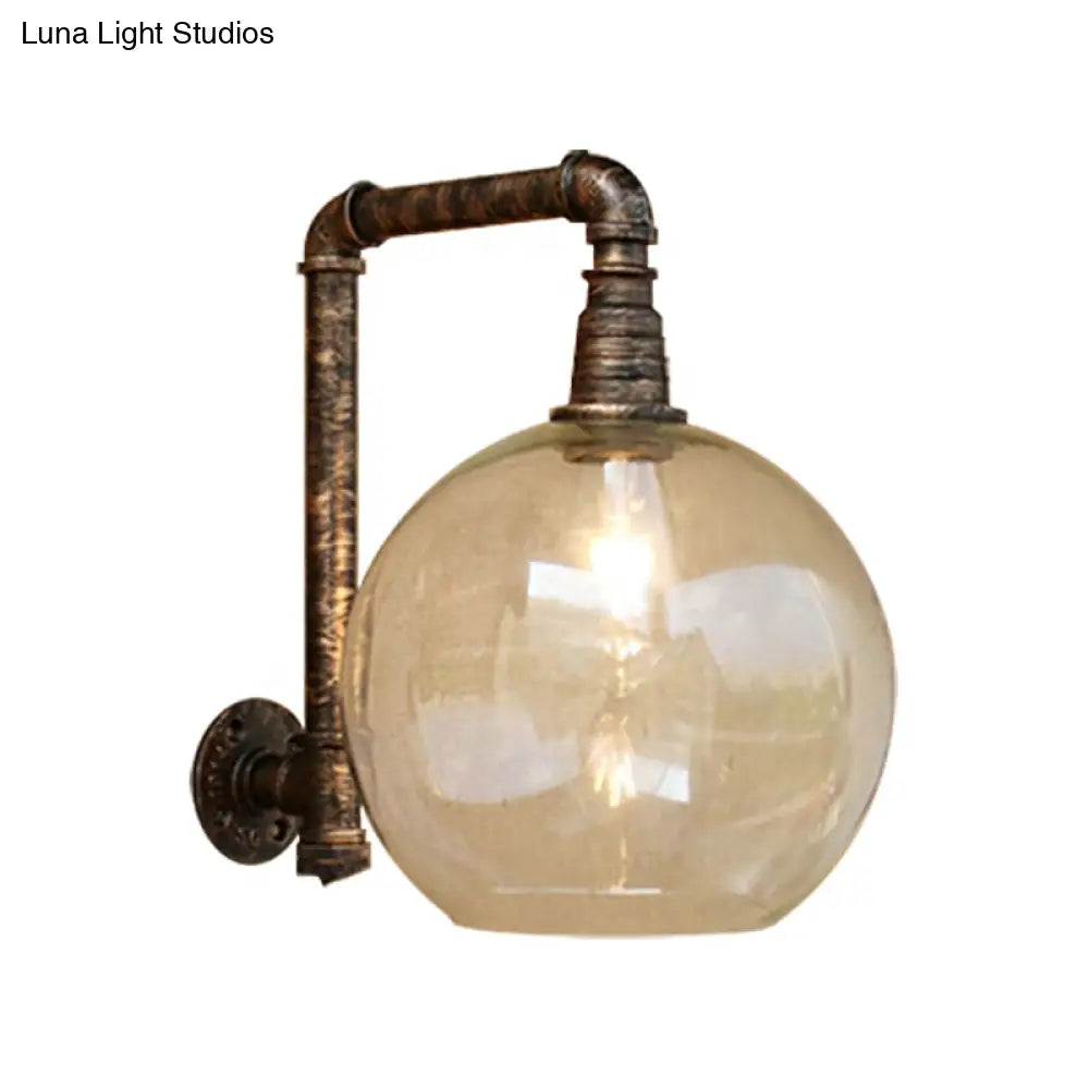 Globe Stairway Wall Lamp - Industrial Clear Glass 1 Light Aged Brass Mount With Angle Pipe 8/10