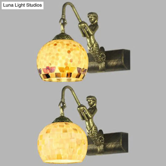 Globe Wall Mount Tiffany Beige/Beige-Red Shell Sconce Light With Mermaid Decoration - Bathroom