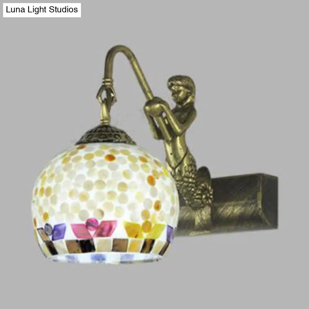 Globe Wall Mount Tiffany Beige/Beige-Red Shell Sconce Light With Mermaid Decoration - Bathroom