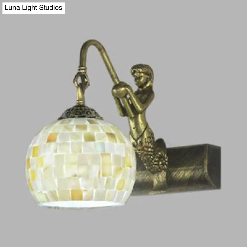 Globe Wall Mount Tiffany Beige/Beige-Red Shell Sconce Light With Mermaid Decoration - Bathroom