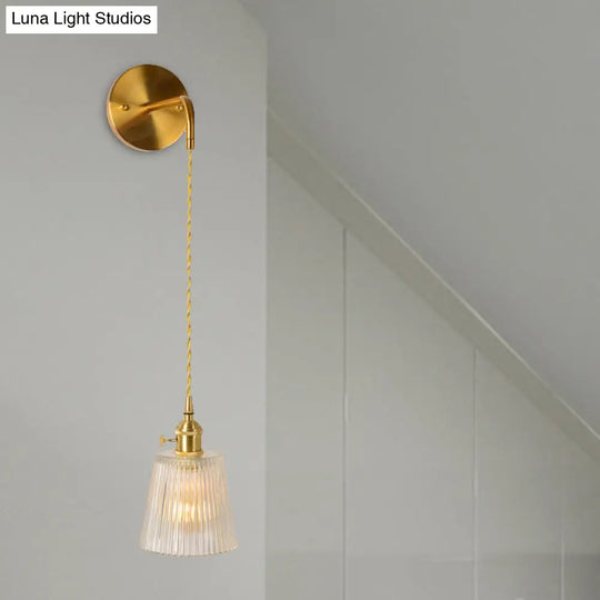 Gold 1-Head Wall Mounted Light - Clear Ribbed Glass Barrel/Bell/Drum Fixture