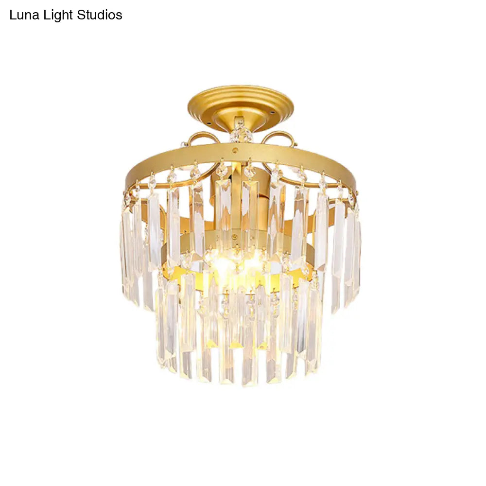 Gold 2 - Layer Crystal Semi Flush Mount Light Fixture With 3/5 Bulbs - Postmodern Style For Living