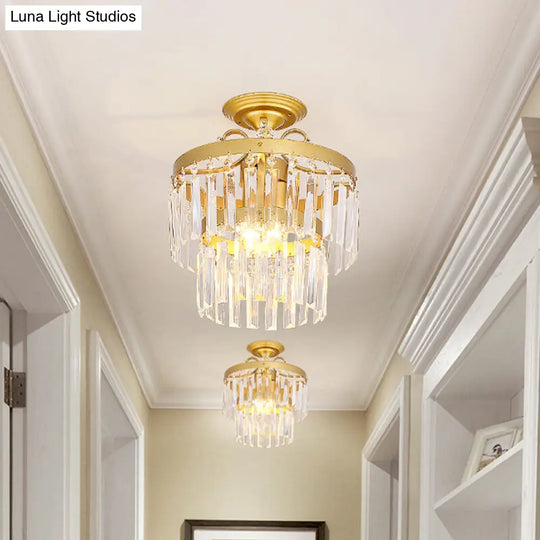 Gold 2-Layer Crystal Semi Flush Mount Light Fixture With 3/5 Bulbs - Postmodern Style For Living