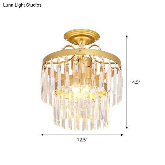 Gold 2-Layer Crystal Semi Flush Mount Light Fixture With 3/5 Bulbs - Postmodern Style For Living