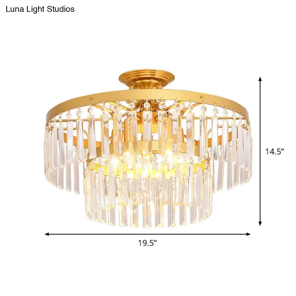 Gold 2 - Layer Crystal Semi Flush Mount Light Fixture With 3/5 Bulbs - Postmodern Style For Living