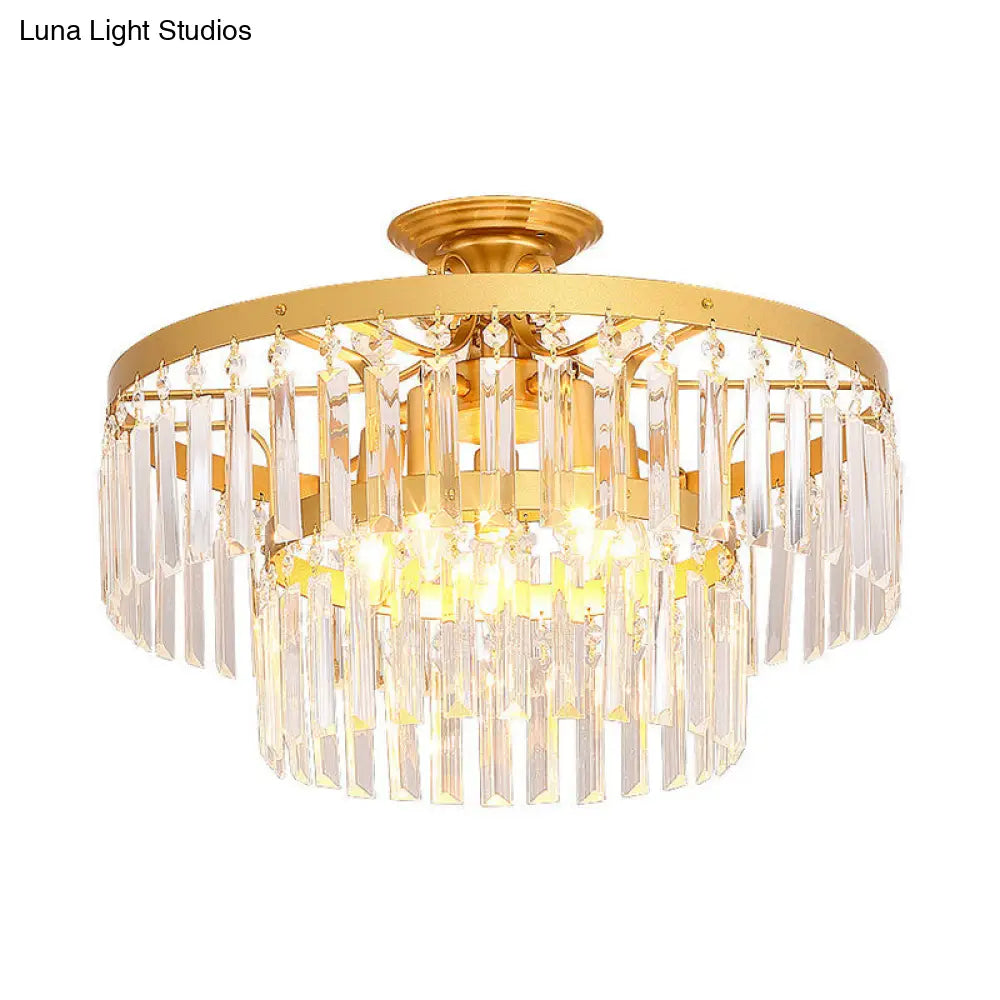 Gold 2-Layer Crystal Semi Flush Mount Light Fixture With 3/5 Bulbs - Postmodern Style For Living