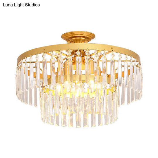 Gold 2-Layer Crystal Semi Flush Mount Light Fixture With 3/5 Bulbs - Postmodern Style For Living