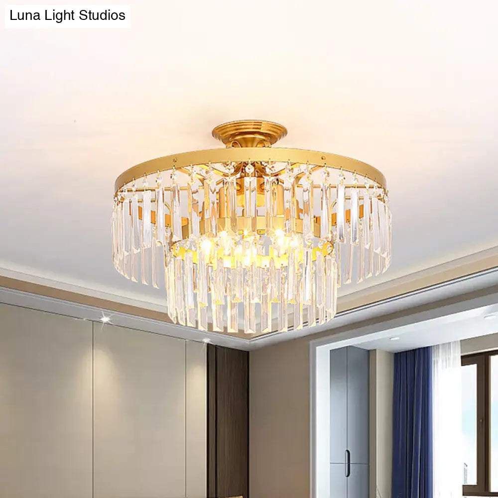 Gold 2-Layer Crystal Semi Flush Mount Light Fixture With 3/5 Bulbs - Postmodern Style For Living