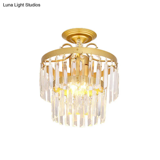 Gold 2-Layer Crystal Semi Flush Mount Light Fixture With 3/5 Bulbs - Postmodern Style For Living