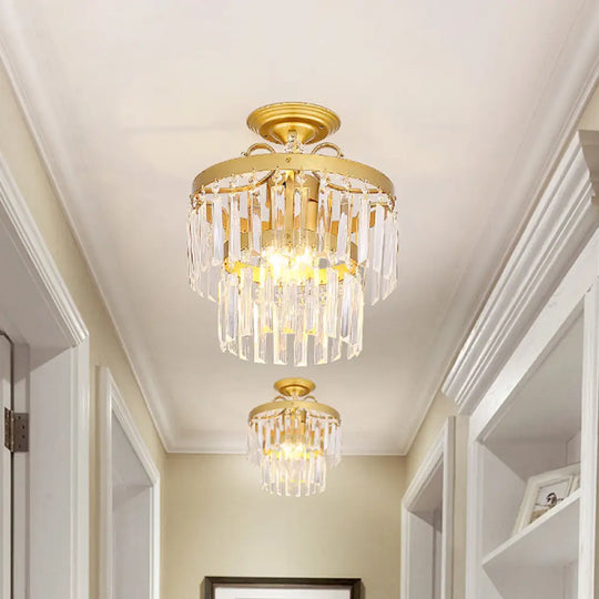 Gold 2 - Layer Crystal Semi Flush Mount Light Fixture With 3/5 Bulbs - Postmodern Style For Living