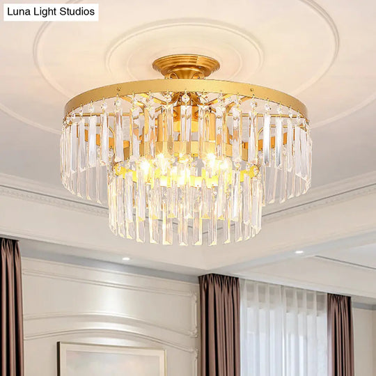 Gold 2-Layer Crystal Semi Flush Mount Light Fixture With 3/5 Bulbs - Postmodern Style For Living