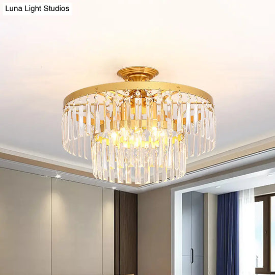 Gold 2 - Layer Crystal Semi Flush Mount Light Fixture With 3/5 Bulbs - Postmodern Style For Living