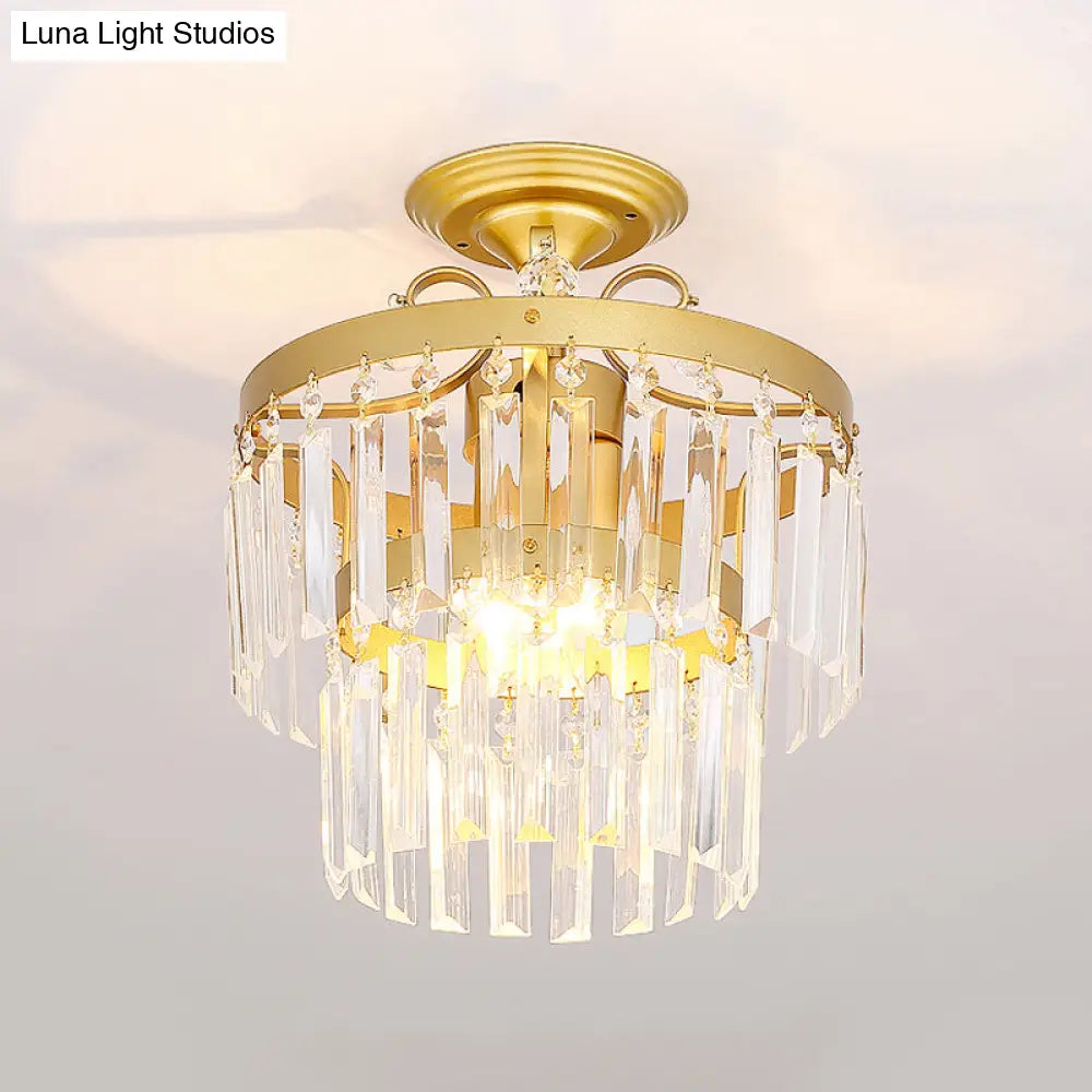 Gold 2 - Layer Crystal Semi Flush Mount Light Fixture With 3/5 Bulbs - Postmodern Style For Living