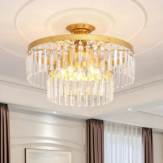 Gold 2 - Layer Crystal Semi Flush Mount Light Fixture With 3/5 Bulbs - Postmodern Style For Living